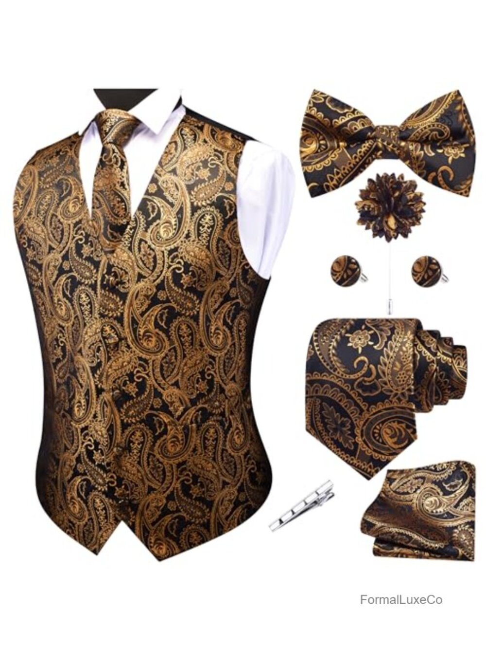 Men's V-Neck Suit Vest Paisley Jacquard Tie Waistcoat Bow Tie Hanky Set
